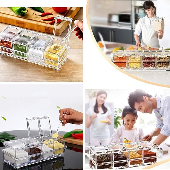 4 In1 Clear Seasoning Box Crystal Seasoning Storage Container With Spoon Clear Seasoning Rack Spice Pots For Pepper Spice