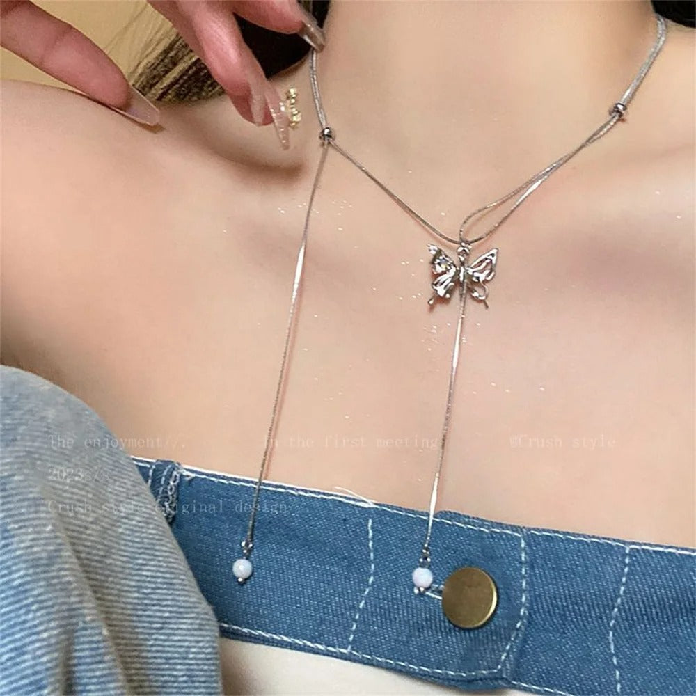 Tassel Clavicle Chain Butterfly Pearl Pendant Necklace