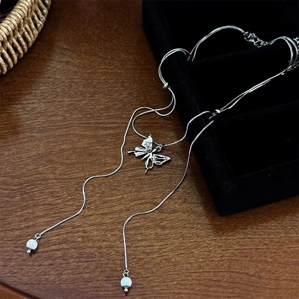 Tassel Clavicle Chain Butterfly Pearl Pendant Necklace